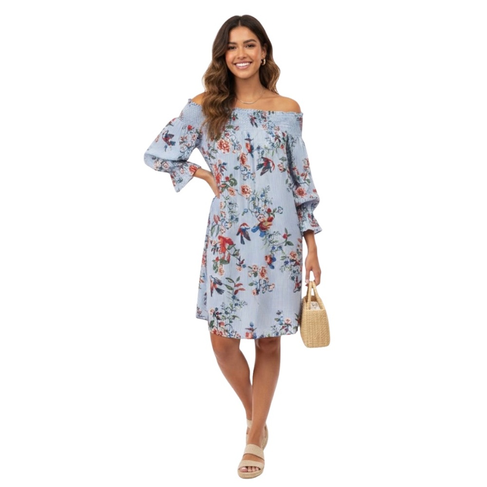 Soprano Bird Floral Off Shoulder Striped Dress Size XS